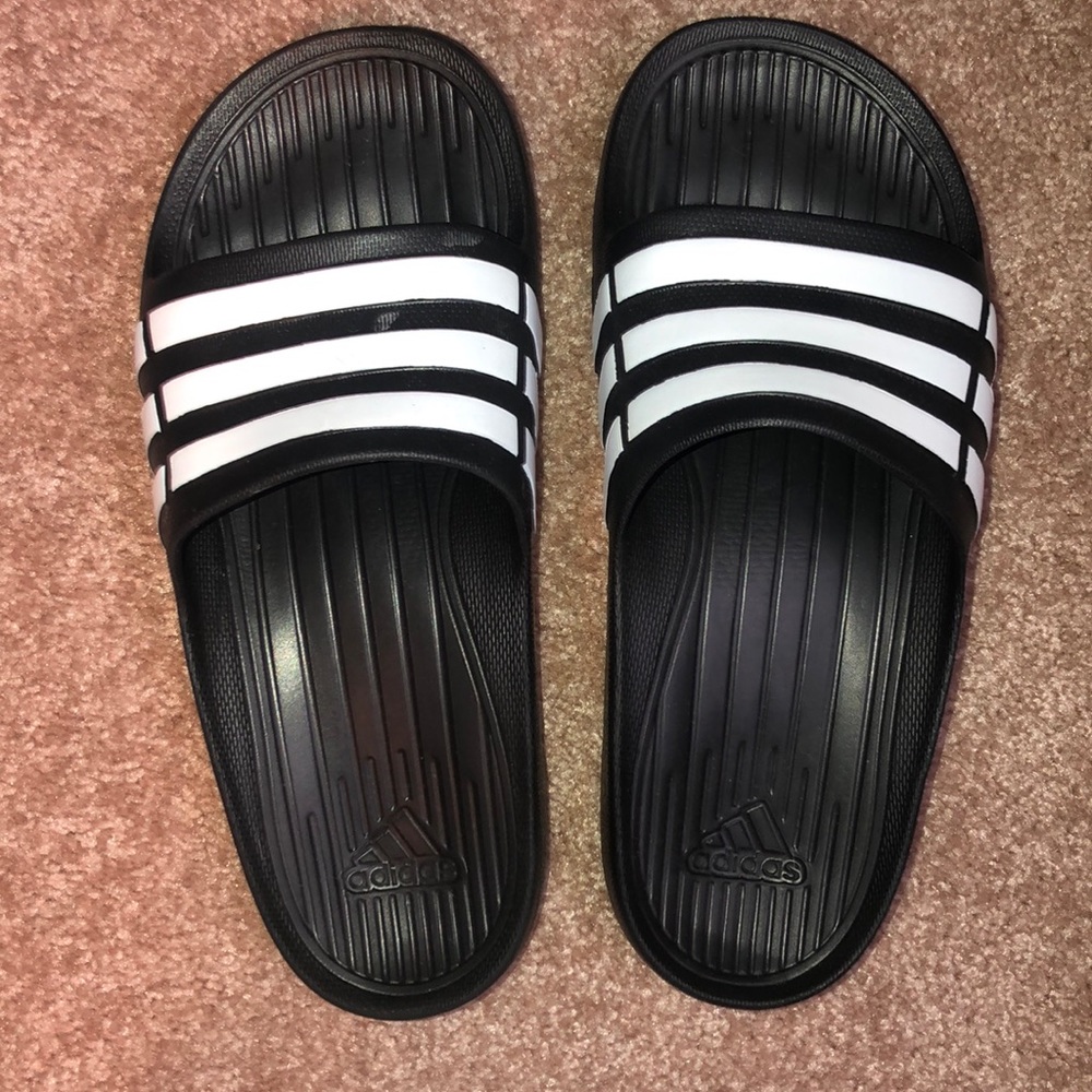Adidas Black Slides with White Stripes